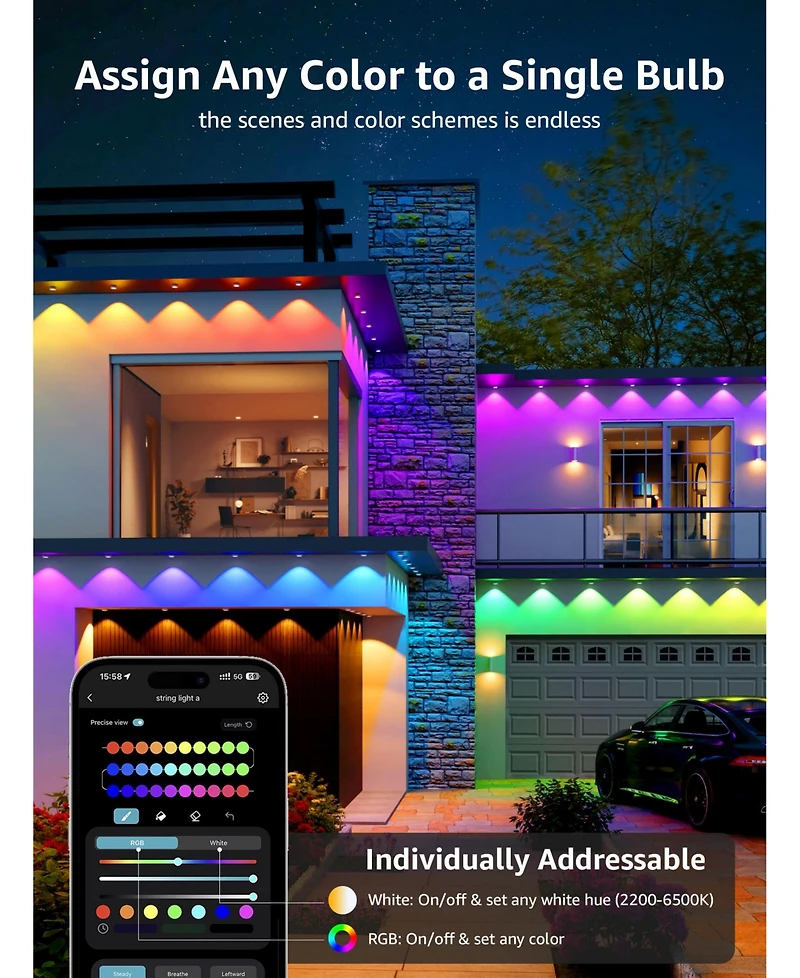 Lepro E1 Ai Permanent Outdoor Lights App Control, 150ft Smart Rgb+Ic Christmas House Lights with 90 Warm/Cool White Led Pucks, Alexa Google Enabled, A