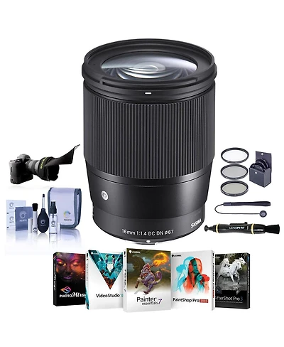 Sigma 16mm f/1.4 Dc Dn Contemporary Lens for Canon Ef-m, Black, Bundle with ProOptic 67mm Filter Kit, Flex Lens Shade, Cleaning Kit, Cap Tether, Lens