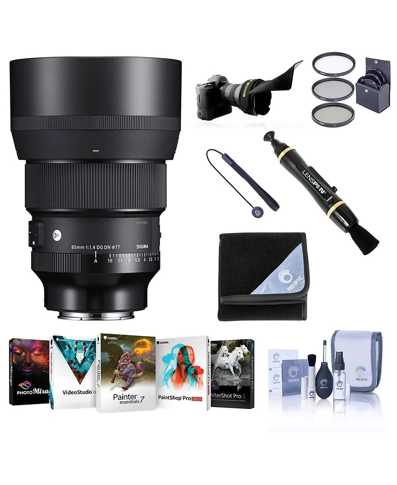 Sigma 85mm f/1.4 Dg Dn Art Lens for Sony E, Bundle with ProOptic 77mm Filter Kit, Pc Software Kit, Cleaning Kit, Lens Wrap, Flex Lens Shade, Lens Cap
