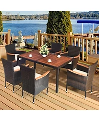7PCS Patio Rattan Dining Set 6 Stackable Chairs Cushioned