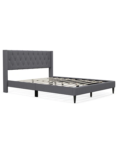 Queen Size Upholstered Platform Bed with Button Tufted Wingback Headboard-Gray
