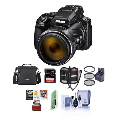 Nikon Nikon Coolpix P1000 Digital Point & Shoot Camera (Black), Bundle Kit with Camera Case + 32GB Sd Card + 77mm Filter Kit + Cleaning Kit + Card Rea