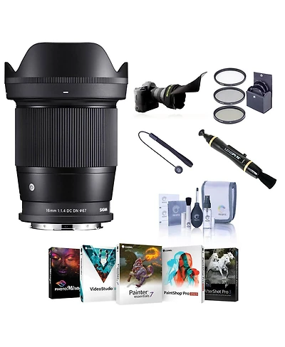 Sigma 16mm f/1.4 Dc Dn Contemporary Lens for L Mount, Bundle with ProOptic 67mm Filter Kit, Cleaning Kit, Lens Cap Tether, Flex Lens Shade, Pc Softwar