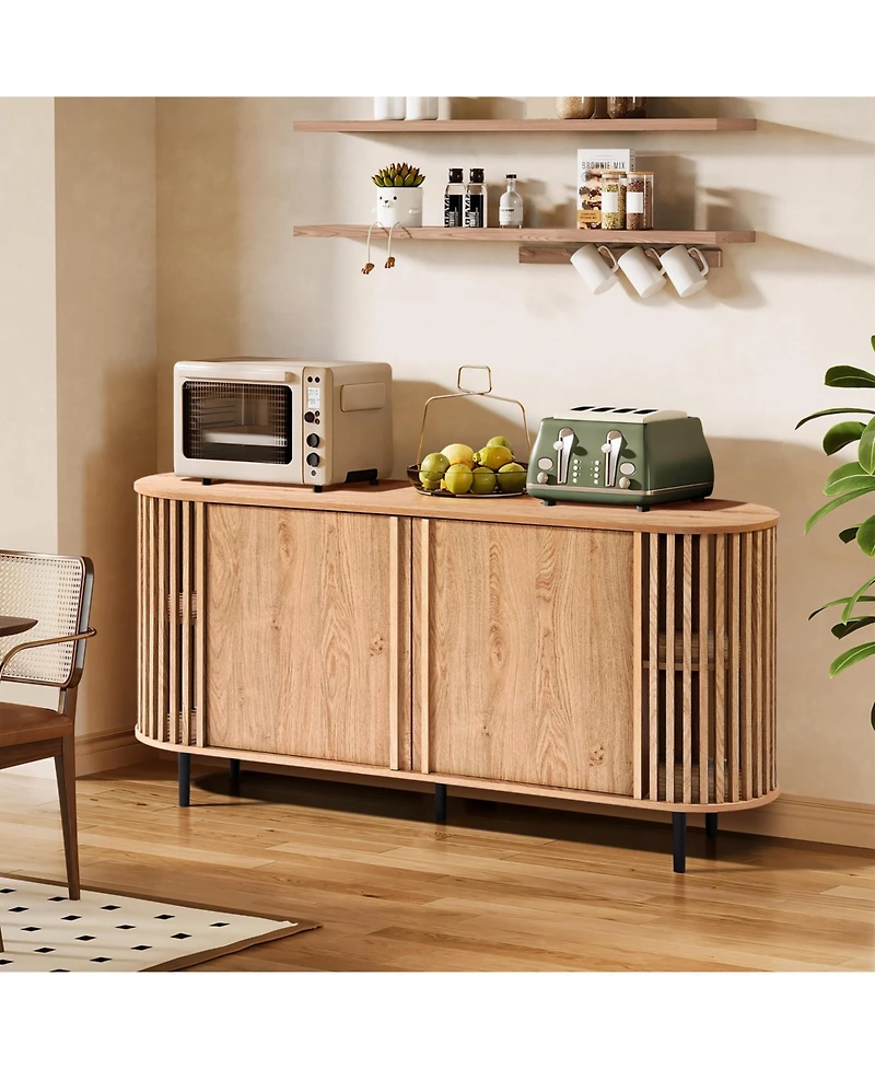 LuxenHome Light Oak Finish Engineered Wood 2-Door 58-Inch Wide Buffet Cabinet