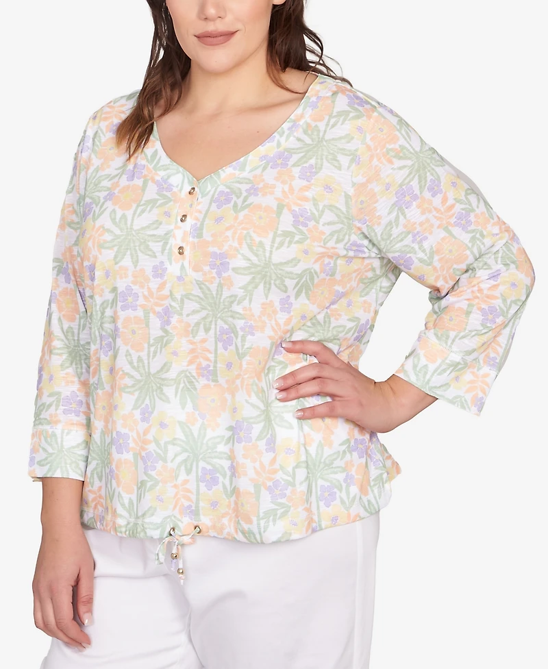 Hearts Of Palm Plus Size Three Quarter Sleeve Drawstring Top