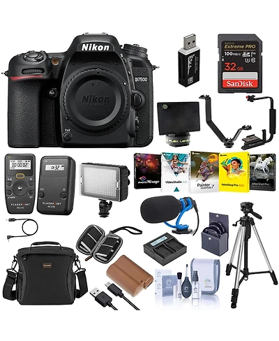 Nikon D7500 Dx-format Dslr Camera, Black, Bundle with 64GB Memory Card, Battery, Transmitter, Receiver, On-Camera Led Light, Pc Software Kit, Tripod,