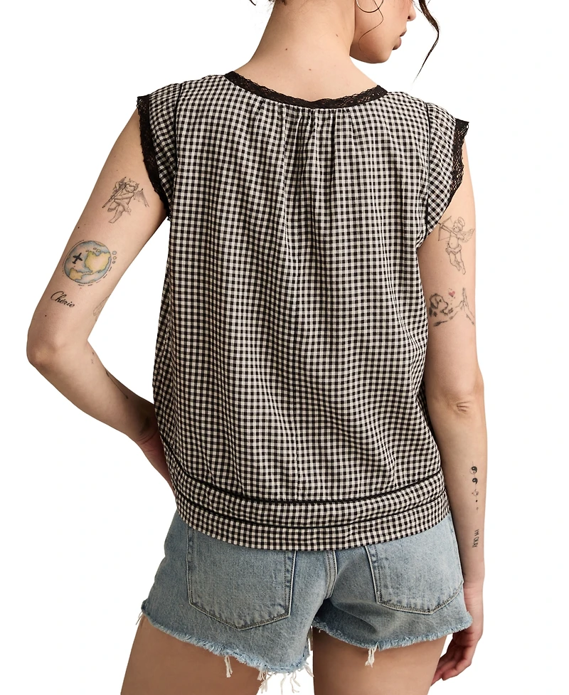 Lucky Brand Women's Cotton Lace-Trim Gingham Tank Top