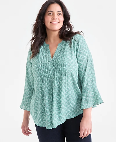 Style & Co Plus Printed V-Neck Ruffle-Cuff Blouse