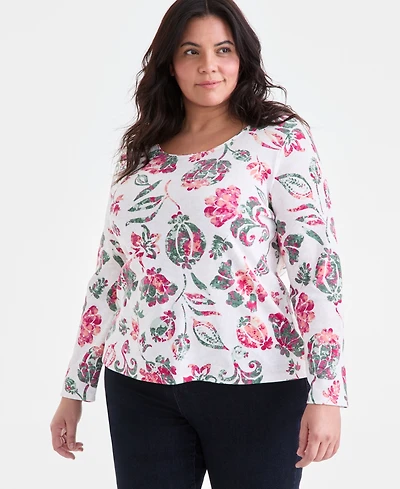 Style & Co Plus Printed Scoop-Neck Long-Sleeve Top