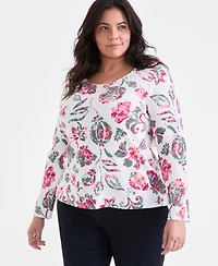 Style & Co Plus Printed Scoop-Neck Long-Sleeve Top