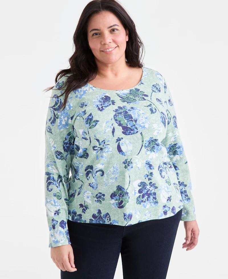 Style & Co Plus Printed Scoop-Neck Long-Sleeve Top