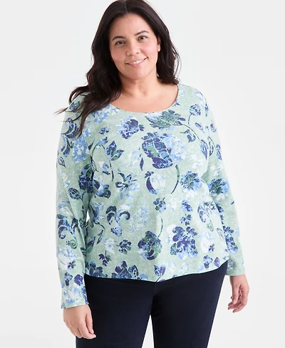 Style & Co Plus Printed Scoop-Neck Long-Sleeve Top