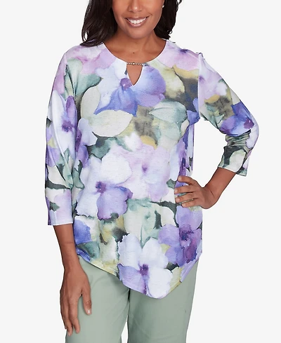 Alfred Dunner Petite Santa Fe Dramatic Pansies Print Top