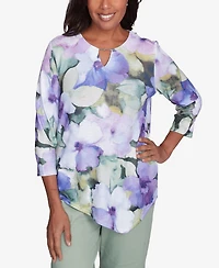 Alfred Dunner Petite Santa Fe Dramatic Pansies Print Top