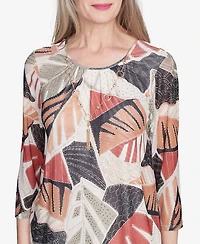 Alfred Dunner Petite Natural Instinct Tropical Mesh Top With Necklace