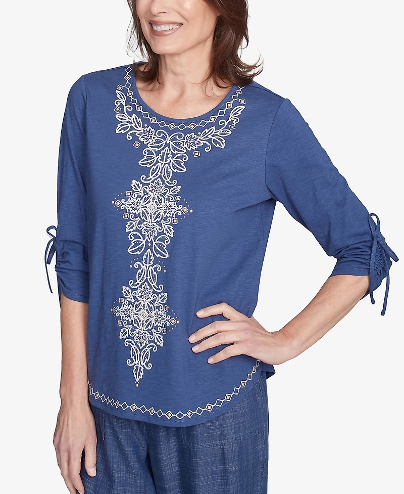 Alfred Dunner Petite Summer Solstice Embroidery Centered Tie Sleeve Top