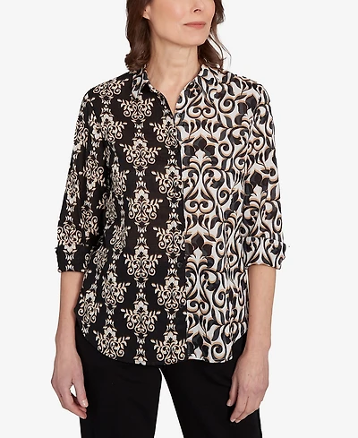 Alfred Dunner Petite Natural Instinct Medallion Twin Print Button Front Top