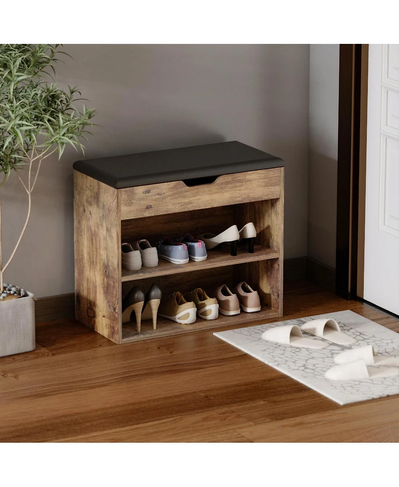 shoe Bench with shelves, natural wooden rack 3 storage compartments, Entryway