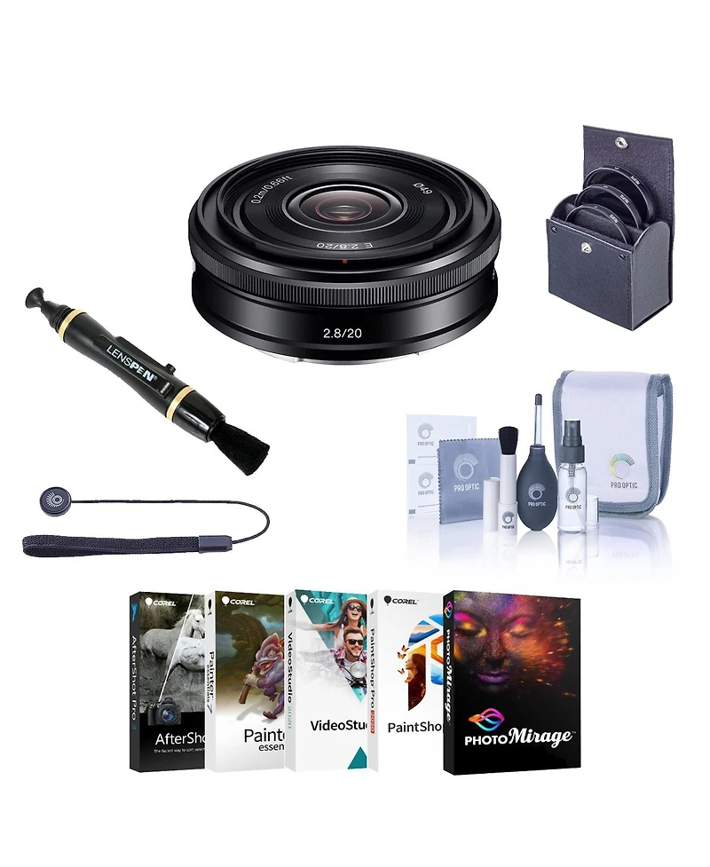 Sony E 20mm f/2.8 Lens for Sony E, Black, Bundle with 49mm Filter Kit, Lens Cleaner, Cleaning Kit, Lens Cap Tether, Pc Software Kit