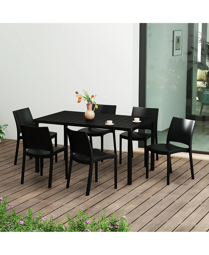 7-Piece Outdoor Rectangular Metal Patio Dining Table Set With Stackable Resin Side Chairs