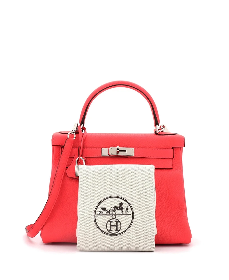 Pre-Owned Hermes Kelly 28 Handbag Red Clemence with Palladium Hardware