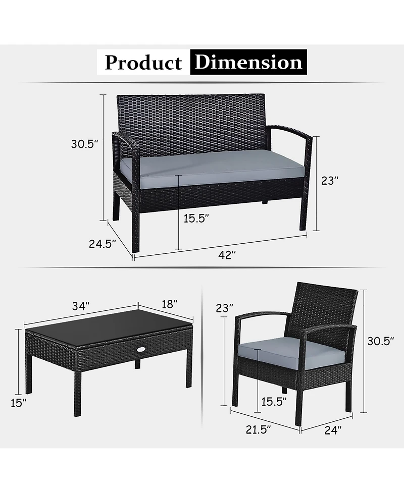 4PCS Patio Rattan Wicker Furniture Set Brown Loveseat Sofa