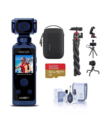 Minolta MN4KP1 4K Ultra Hd Wi-Fi Enabled Pocket Camcorder, Blue Bundle with 64GB microSD Card, Carrying Case, Octopus Tripod, Cleaning Kit