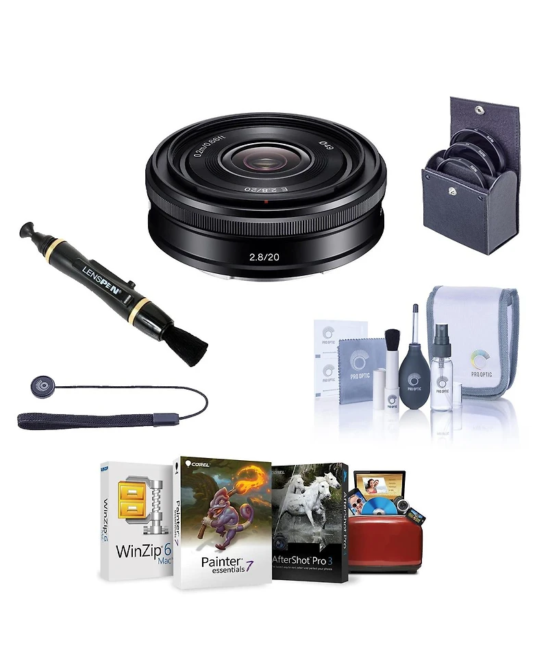 Sony E 20mm f/2.8 Lens for Sony E, Black, Bundle with 49mm Filter Kit, Lens Cleaner, Cleaning Kit, Lens Cap Tether, Mac Software Kit