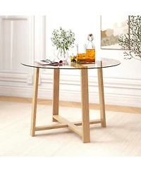 Round Glass Dining Table with Tempered Glass Tabletop and Rubber Wood Legs