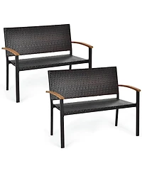2 Pcs Outdoor Patio Rattan Wicker Bench Loveseat Chair Armrest Garden