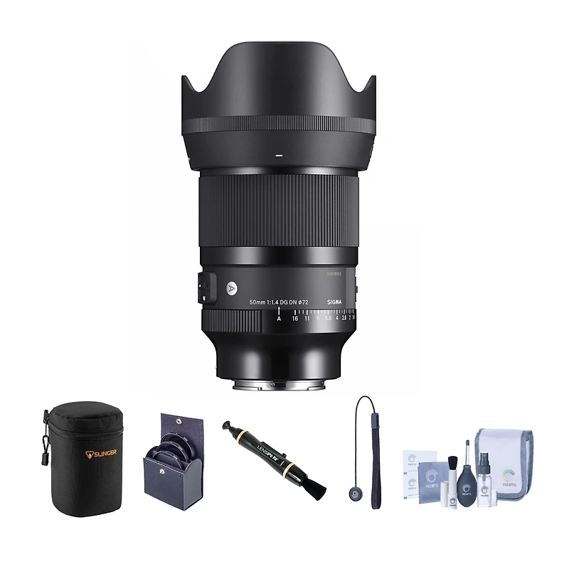 Sigma 50mm f/1.4 Dg Dn Art Lens for Sony E Bundle with 72mm Filter Kit, Lens Case, Lens Cleaner, Cleaning Kit, Lens Cap Tether