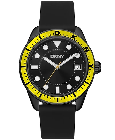 Dkny Men's Crosby Sport Black Dial Yellow Bezel Black Silicone Strap Watch 42mm