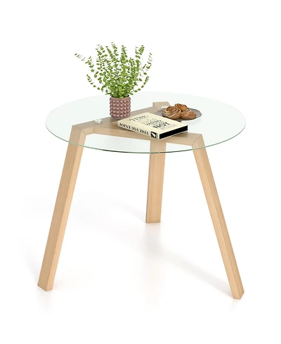 Round Glass Dining Table for 4 with Rubber Wood Frame