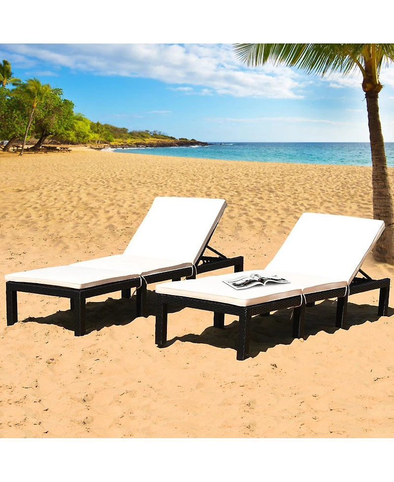 2PCS Patio Garden Rattan Lounge Chair Chaise Couch Cushioned Height Adjustable
