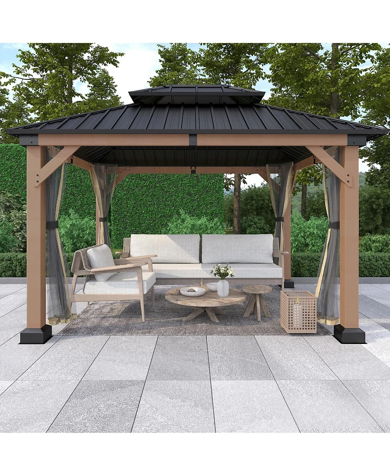 Mondawe 12 ft. x 10 ft. Outdoor Fir Solid Wood Frame Patio Gazebo Canopy Shelter with Galvanized Steel Hardtop Roof Pavilion