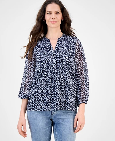 Nautica Jeans Women's Floral-Print Pintucked Blouse