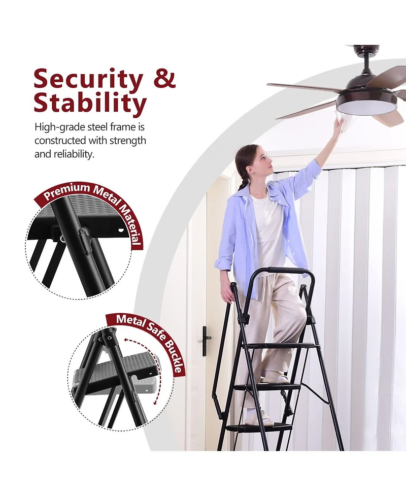 5 Step Lightweight Folding Ladder with Wide Anti-Slip Pedal and Safety Handle, Multi-Purpose Steel Step Ladder