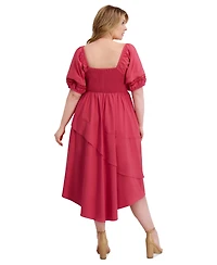 Siena Plus Puff-Sleeve Asymmetric-Hem Midi Dress