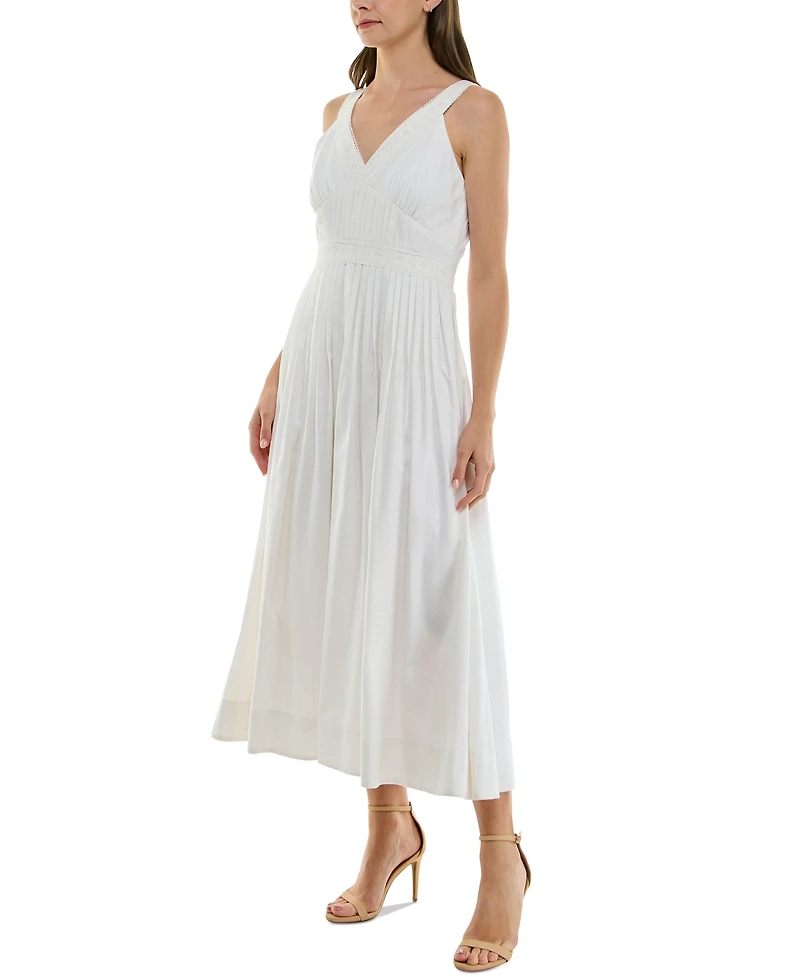 Taylor Women's V-Neck Lace-Trim Pleated A-Line Dress