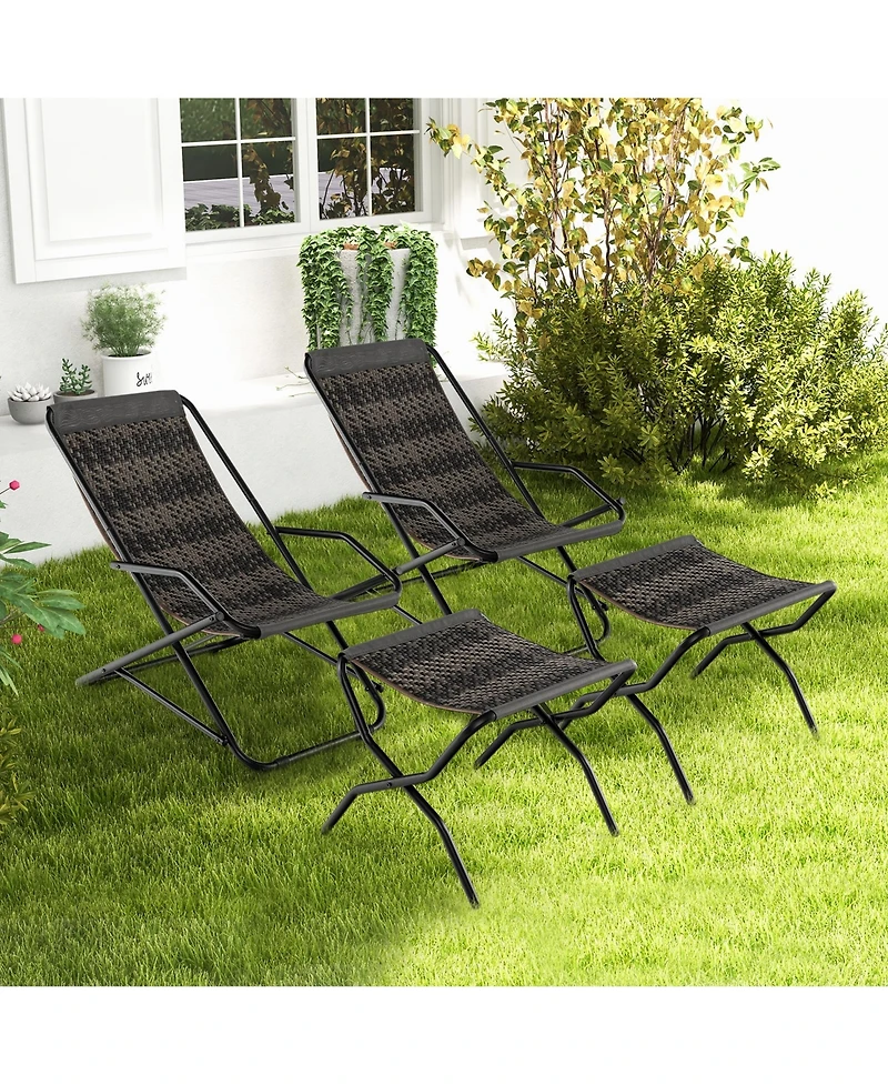 2 Pcs Patio Folding Rattan Sling Lounge Chair Ottoman Rocking Footrests Armrest