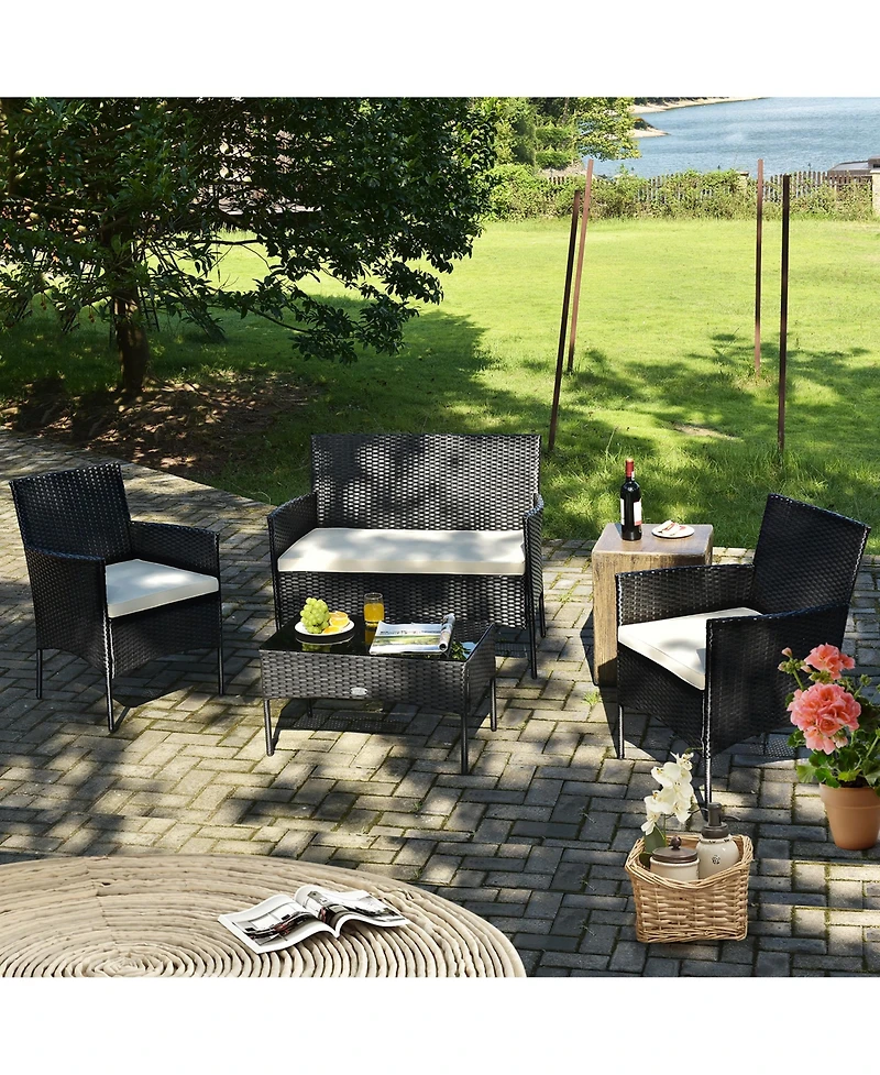 4PCS Patio Rattan Furniture Set Cushioned Sofa Coffee Table Backyard Porch