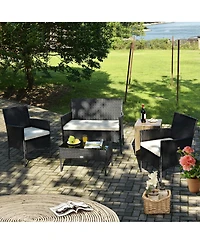 4PCS Patio Rattan Furniture Set Cushioned Sofa Coffee Table Backyard Porch