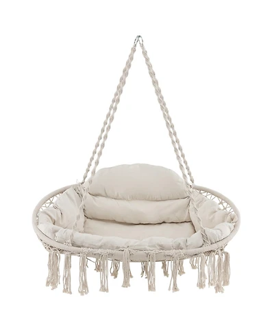 Hand-Woven Rope Hanging Chair with Thick Cushion and Folding Metal Frame
