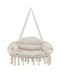 Hand-Woven Rope Hanging Chair with Thick Cushion and Folding Metal Frame
