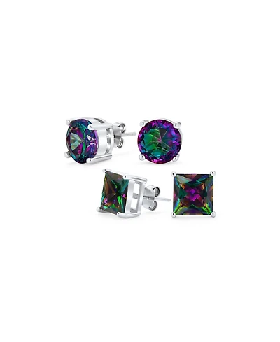 Bling Jewelry Set of 2 Round & Square Mystic Rainbow Cz Stud Earrings Sterling Silver 5-10MM