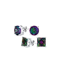 Bling Jewelry Set of 2 Round & Square Mystic Rainbow Cz Stud Earrings Sterling Silver 5-10MM