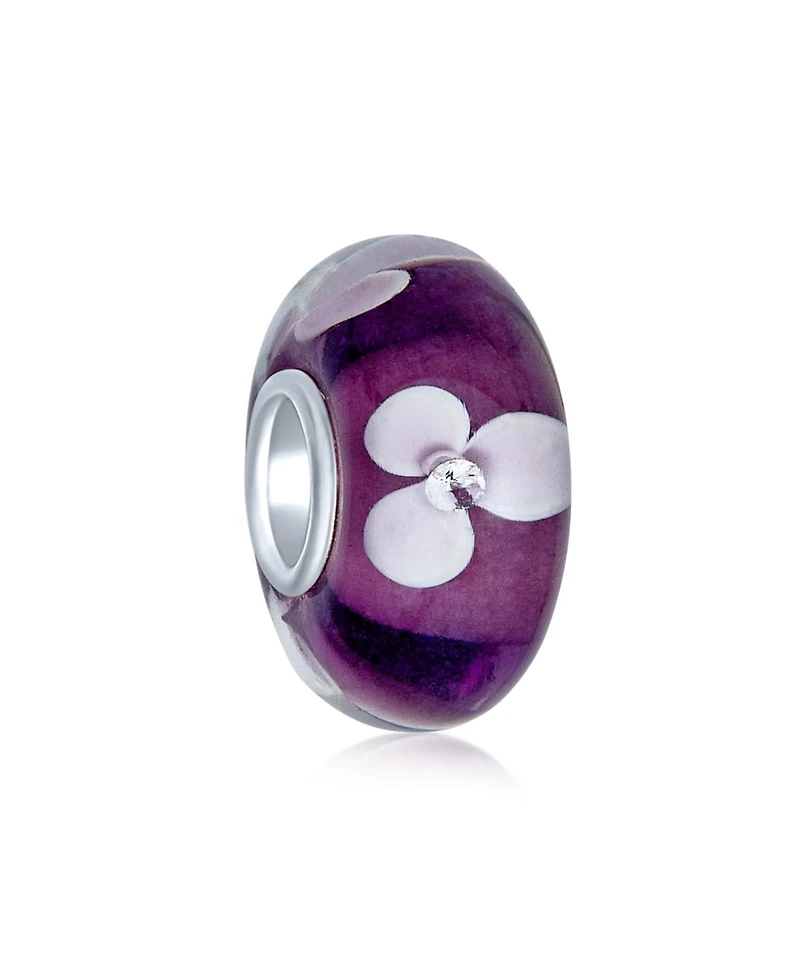 Bling Jewelry Set of 4 White Purple Flower Murano Glass Spacer Charm Bead Sterling Silver Core