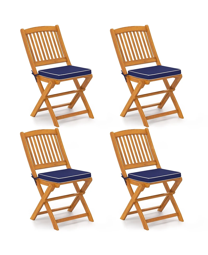 Outdoor Folding Chairs Set of 4 Acacia Wood High-Back Chair with Seat Cushions