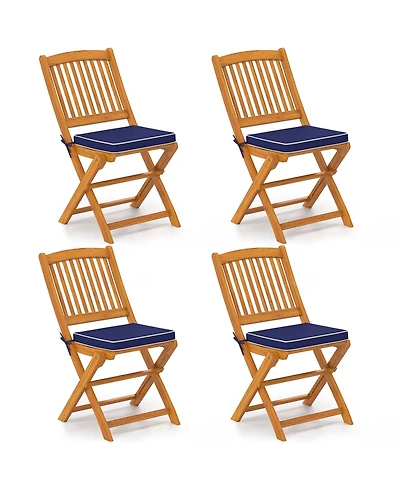 Outdoor Folding Chairs Set of 4 Acacia Wood High-Back Chair with Seat Cushions