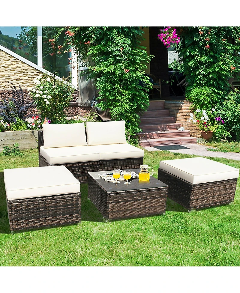 5PCS Patio Rattan Wicker Furniture Set Armless Sofa Ottoman Cushioned Garden